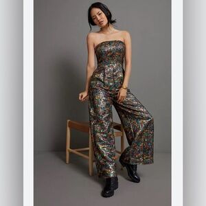 Anthropologie Samantha Shimmer Metallic Pleated Strapless WideLeg Jumpsuit 6 NWT